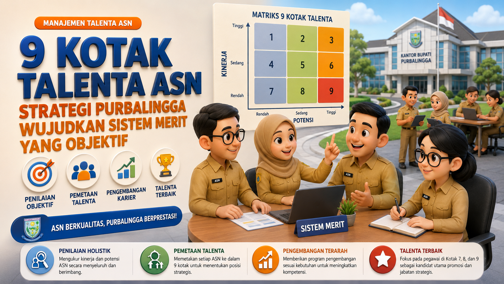 9 kotak talenta ASN, manajemen talenta ASN, sistem merit ASN, Pemkab Purbalingga, matriks 9 kotak talenta, promosi jabatan ASN, talent pool ASN, pengembangan karier ASN, reformasi birokrasi, kompetensi ASN, pemetaan talenta ASN, ASN BerAKHLAK